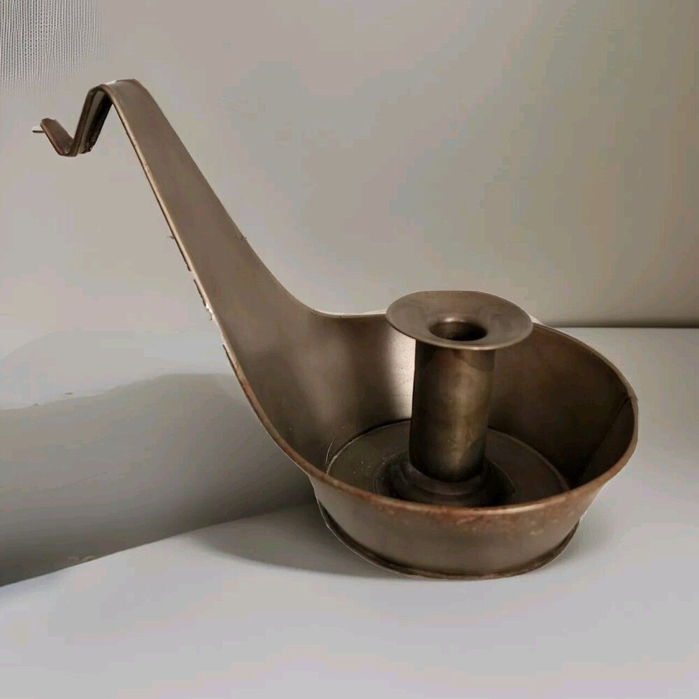 Primitive Tin Candle Bowl Pip Berry Holder Sconce 7.5" Ex Long Handle w Hanger